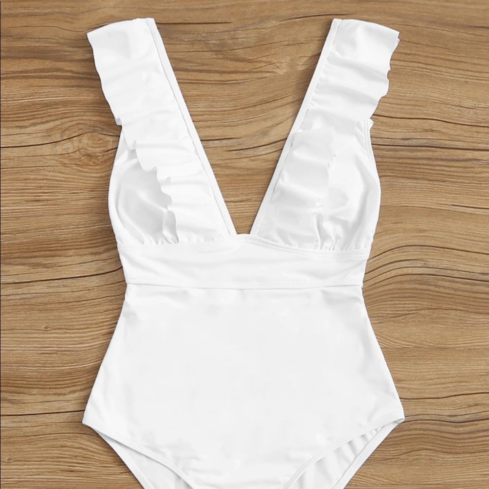 Ruffle trim lace up one piece swimsuit